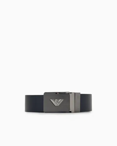 Emporio Armani Official Store Leather Belt With Metal Logo Buckle In Navy Blue