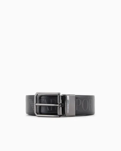 Emporio Armani Leather Belt With Oversized Logo Lettering Print In Black