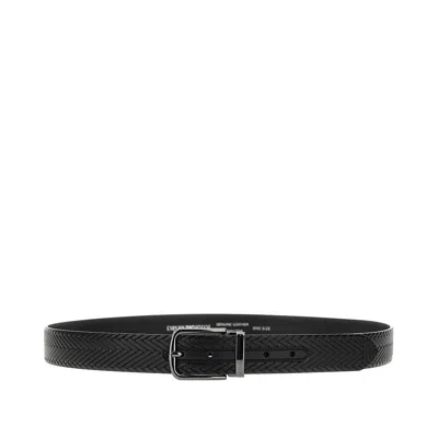 Emporio Armani Leather Belt With Woven Motif In Black