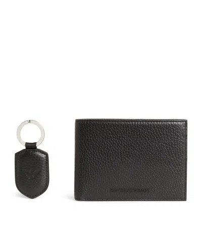 Emporio Armani Leather Bifold Wallet And Keyring Set In Black