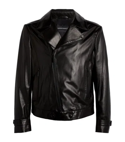 Emporio Armani Leather Biker Jacket In Black