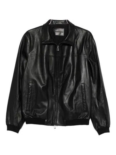 Emporio Armani Leather Blouson Jacket High Collar Finish In Black