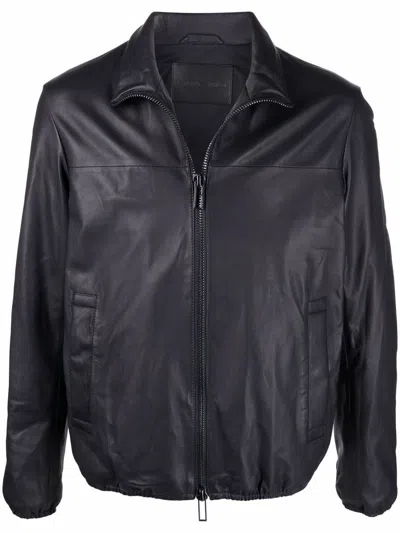 Emporio Armani Leather Blouson Jacket In Blue