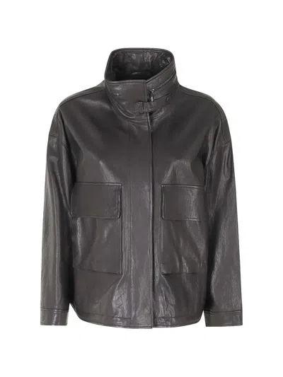 Emporio Armani Leather Blouson Jacket In Brown