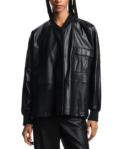 Emporio Armani Leather Bomber Jacket In Blue