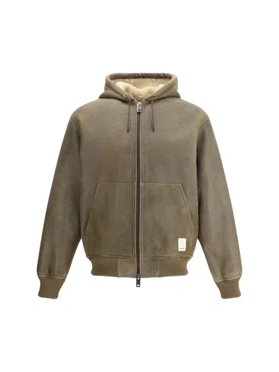 Emporio Armani Leather Bomber Jacket In Green