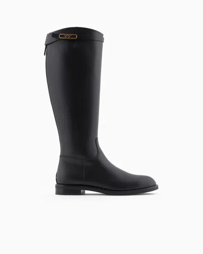 Emporio Armani Leather Boots With Strap And Eagle Plate In Black