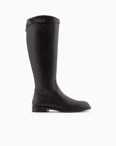 Emporio Armani Leather Boots With Strap And Eagle Plate In Brown