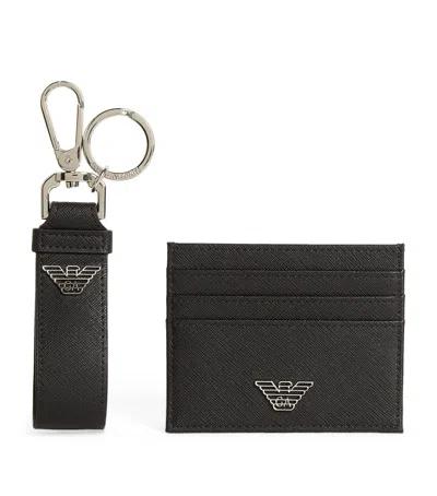 Emporio Armani Leather Card Holder And Keyring Set In Black