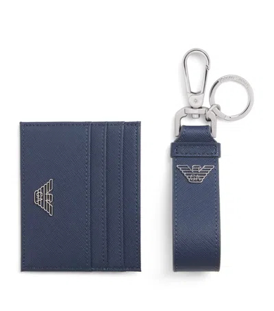 Emporio Armani Leather Card Holder And Keyring Set In Blue