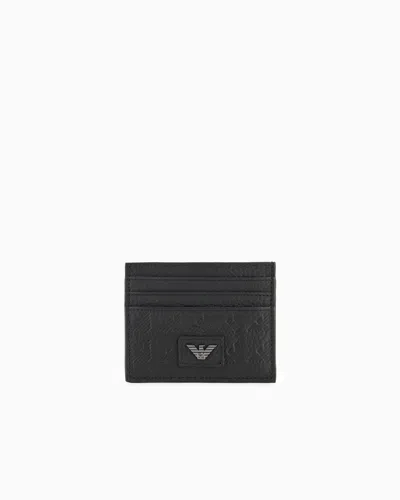 Emporio Armani Leather Card Holder With All-over Embossed Eagle In Black