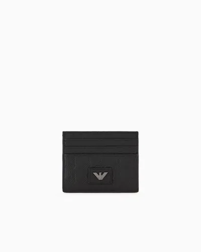 Emporio Armani Leather Card Holder With All-over Embossed Eagle In Black