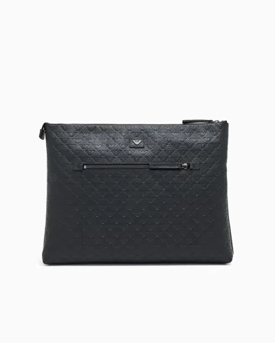 Emporio Armani Leather Document Holder With All-over Embossed Eagle In Black