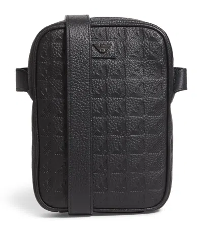 Emporio Armani Leather Eagle Embossing Tech Cross-body Bag In Black