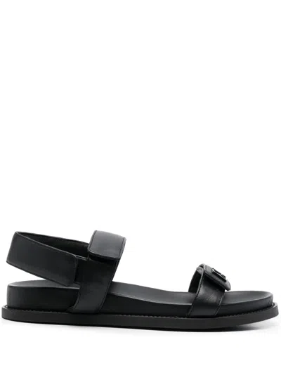 Emporio Armani Leather Flat Sandals In Black