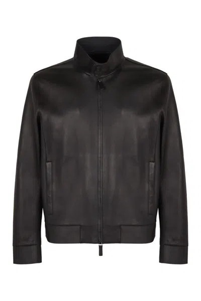 Emporio Armani Long Sleeve Leather Jacket In Black