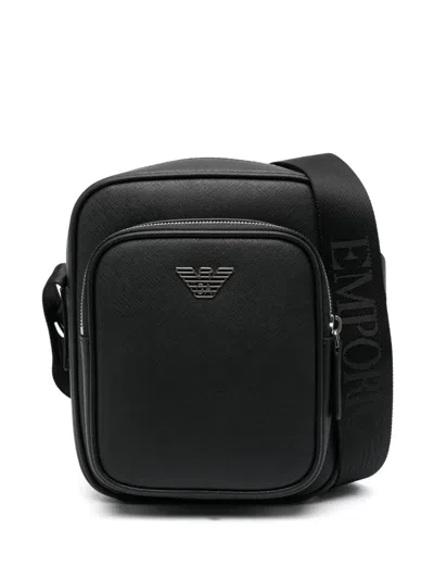 Emporio Armani Leather Messenger Bag With Logo Plaque In Black