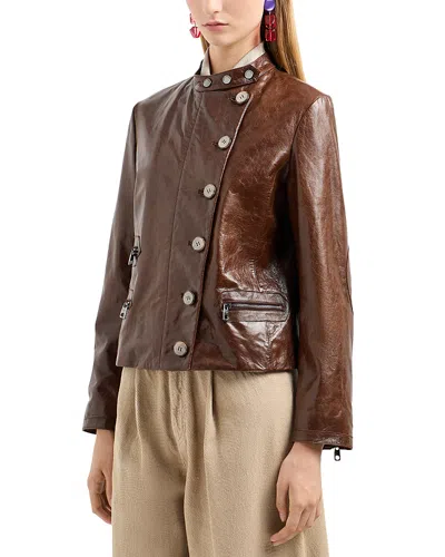 Emporio Armani Leather Moto Jacket In Chicory Coffee