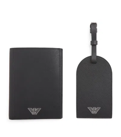 Emporio Armani Leather Passport Holder And Tag Set In Black
