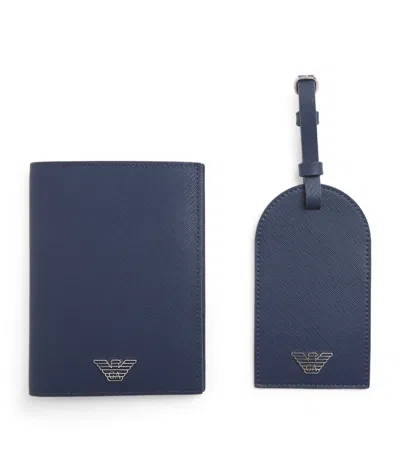 Emporio Armani Leather Passport Holder And Tag Set In Blue