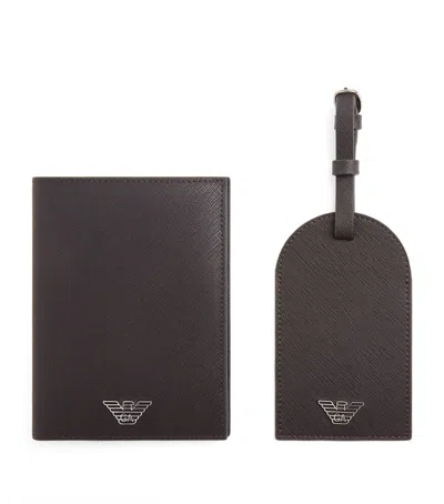 Emporio Armani Leather Passport Holder And Tag Set In Brown