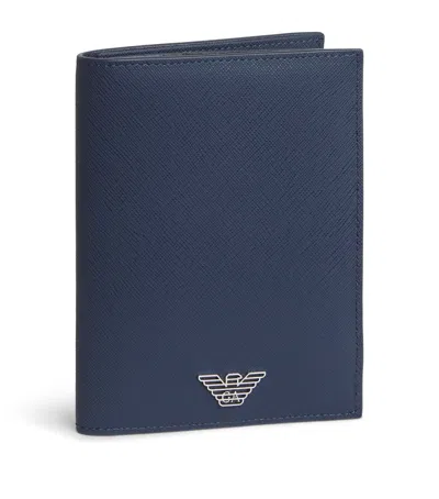 Emporio Armani Leather Passport Holder In Blue