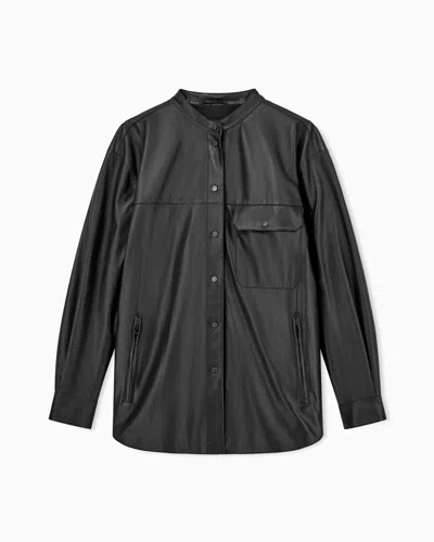 Emporio Armani Leather Shirt With Stand-up Collar And Snap Buttons In Black