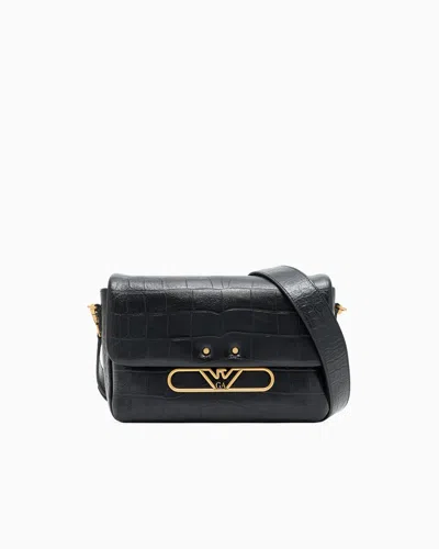 Emporio Armani Leather Shoulder Bag With A Crocodile-print Finish And Eagle Logo In Black