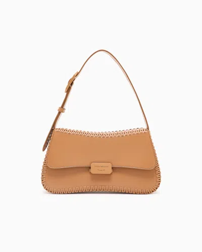 Emporio Armani Leather Shoulder Bag With Interweaving In Kamel