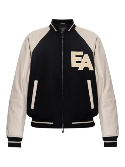 EMPORIO ARMANI LEATHER-SLEEVED VARSITY JACKET