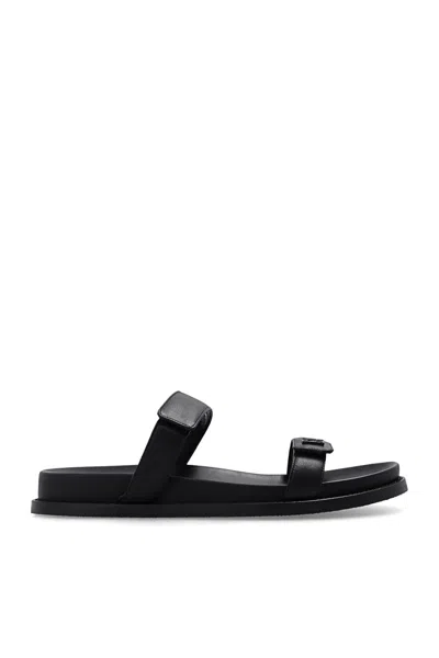 Emporio Armani Leather Slides With Logo In Black