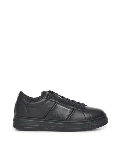 Emporio Armani Leather Sneaker With Contrasting Band In Black