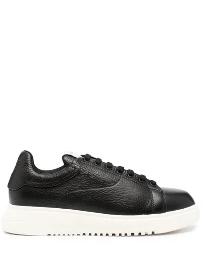 Emporio Armani Leather And Suede Sneakers With Knurled Soles In Black