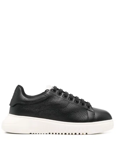Emporio Armani Leather Sneakers In Black