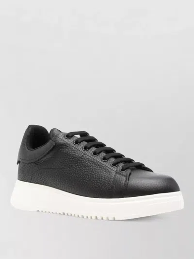 Emporio Armani Leather Sneakers Round Toe Textured Finish In Black