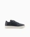 Emporio Armani Leather Sneakers With Side Logo In Navy Blue
