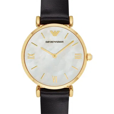 Emporio Armani Leather Strap Watch, 32mm In Black/gold