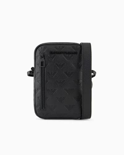 Emporio Armani Official Store Leather Tech Case With Shoulder Strap With All-over Embossed Eagle In Black
