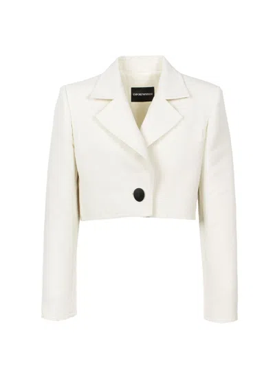 Emporio Armani Official Store Cropped Jacket With Lapels In Technical Faille In White