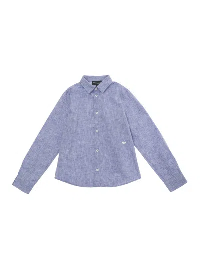 Emporio Armani Kids' Light Blue Shirt With Logo Embroidery In Cotton And Linen Boy