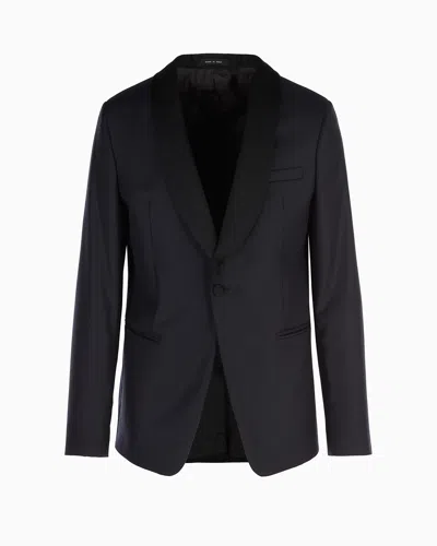 Emporio Armani Light Worsted Virgin Wool Single-breasted Jacket With Satin Shawl Lapels In Navy Blue