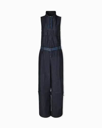Emporio Armani Lightweight Denim Jumpsuit With Embroidery On The Pocket In Blue