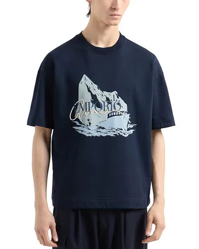 Emporio Armani Lightweight Jersey Short Sleeved Sweatshirt With Iceberg And Logo Print In Blue Navy