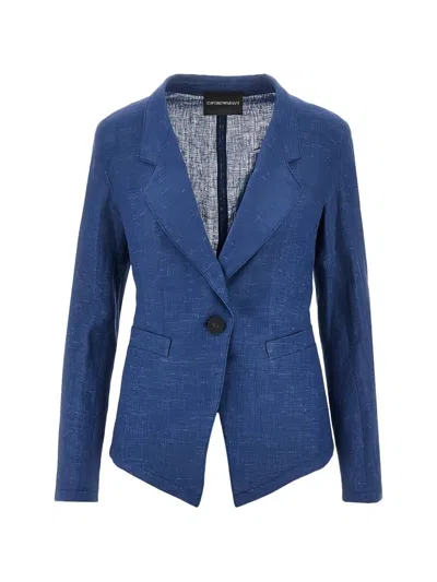 Emporio Armani Linen Blazer In Blue