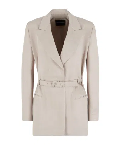 Emporio Armani Linen-blend Blazer With Belt In Beige