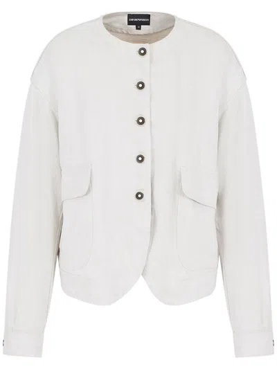Emporio Armani Linen Blend Blouson Jacket In Solid Light