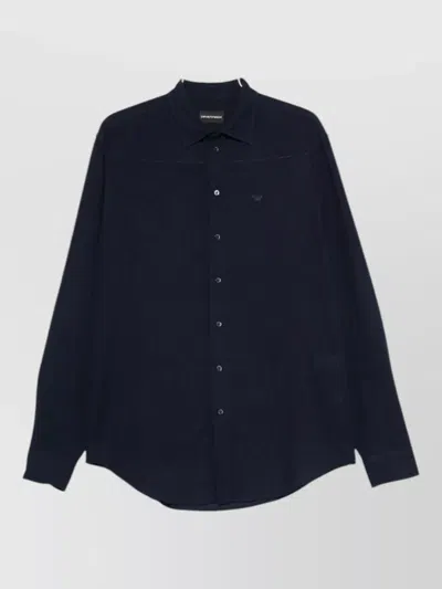 Emporio Armani Linen Blend Shirt Long Sleeves Cuffs In Blue