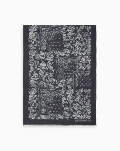 Emporio Armani Linen Blend Stole With A Bandana Print In Black