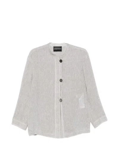 Emporio Armani Linen Buttoned Jacket In Gray