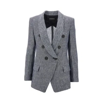 Emporio Armani Linen Double-breasted Jacket In Blue
